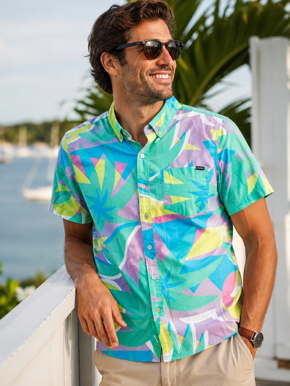 Chubbies Men Tropical Button Up Shirt Medium Retro Beach Vacation Cotton Stretch